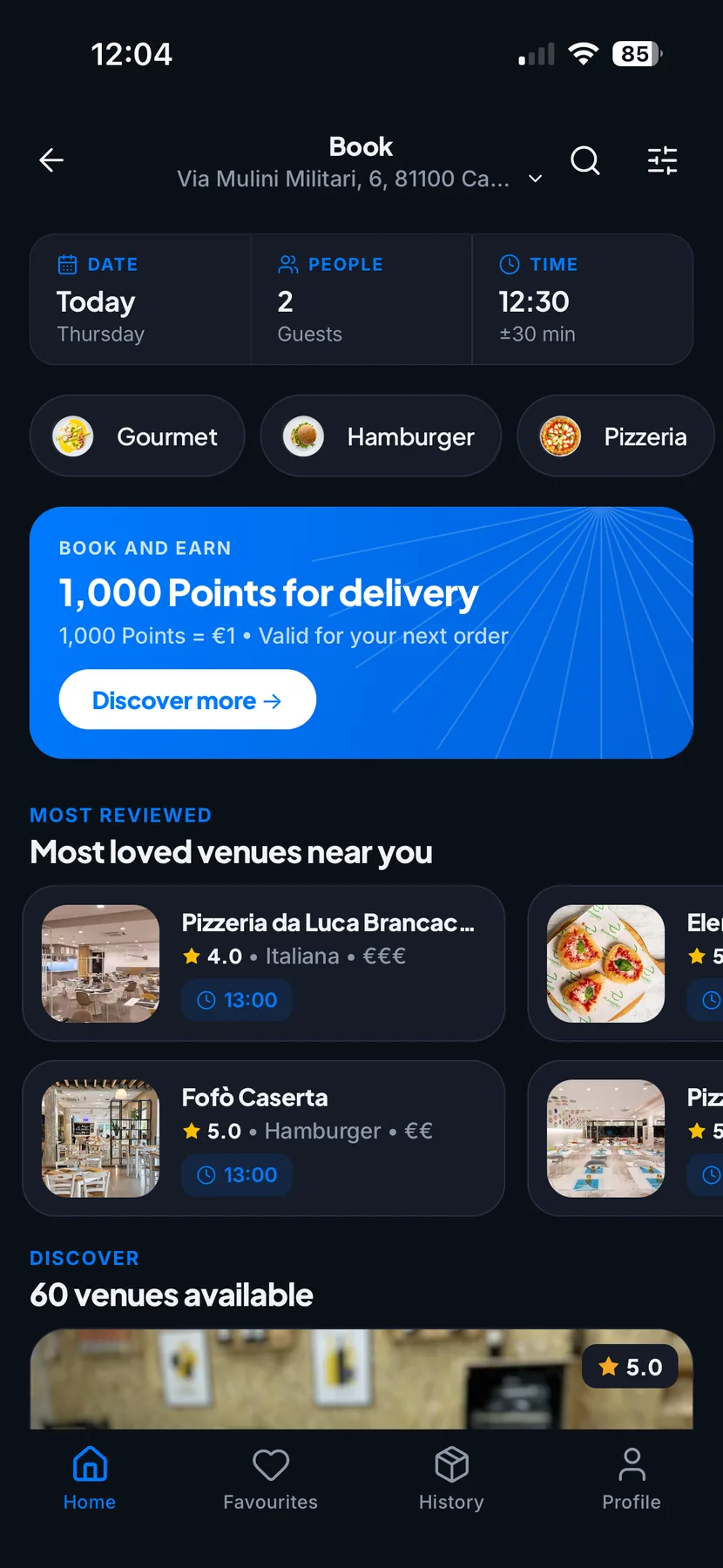 Schermata originale dell’app Alfonsino: ricerca di ristoranti da prenotare per data, numero di persone e orario