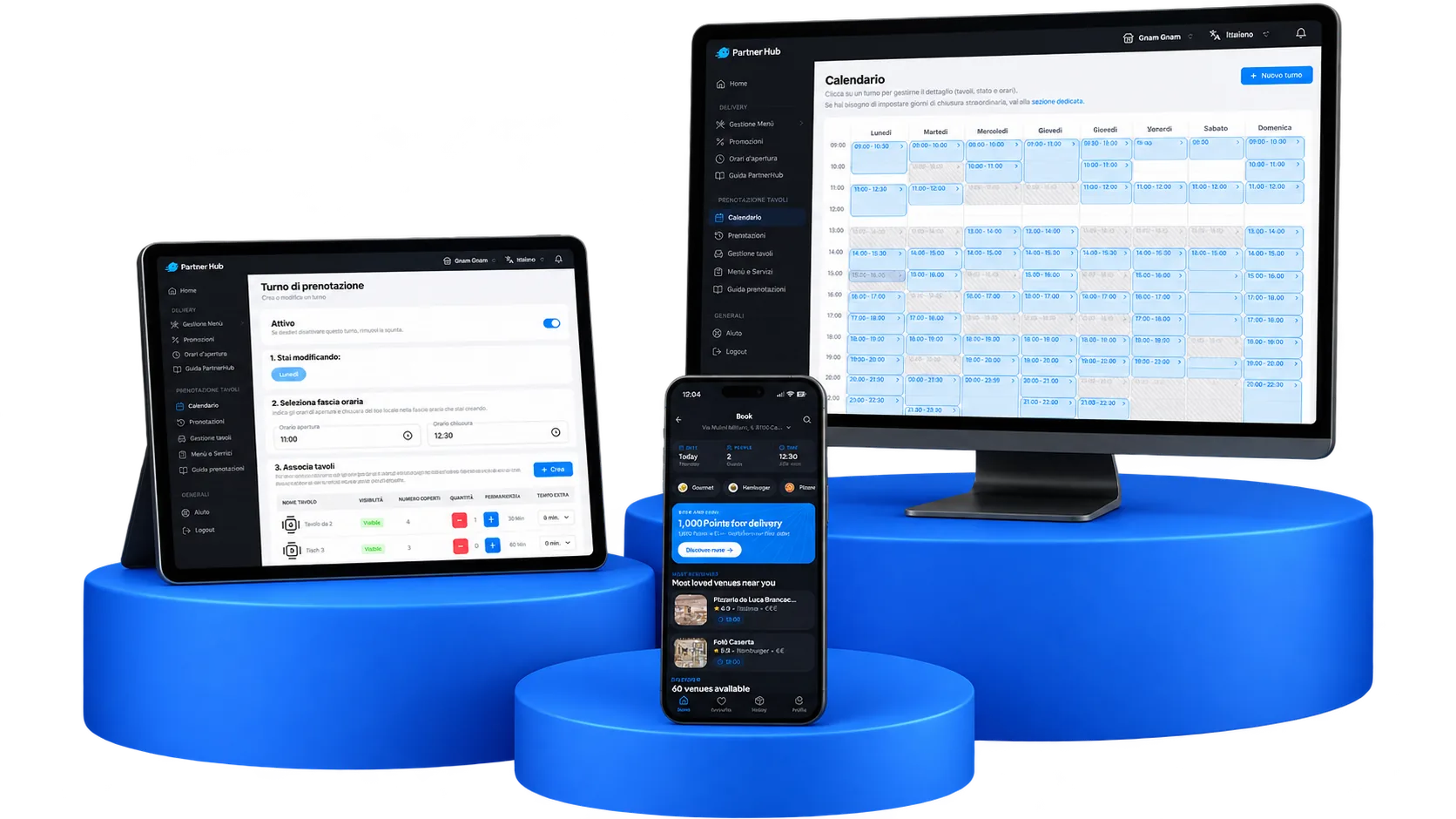 App Alfonsino e strumenti Partner Hub su moduli blu