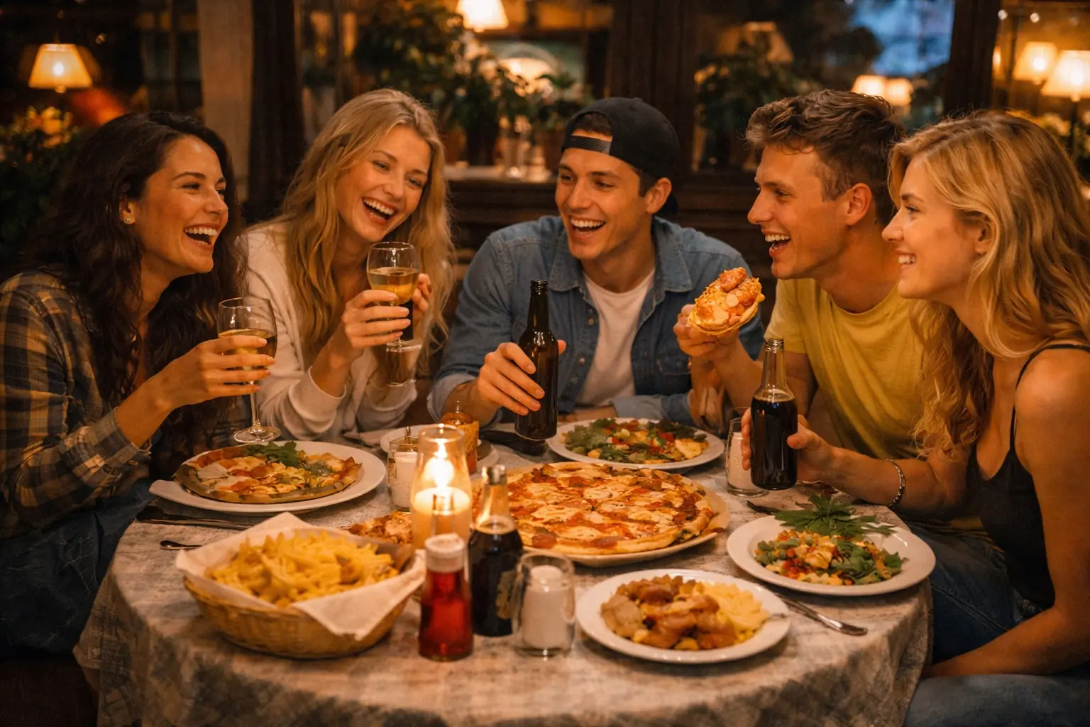 Una serata tra amici intorno a una tavola di pizza e buon cibo